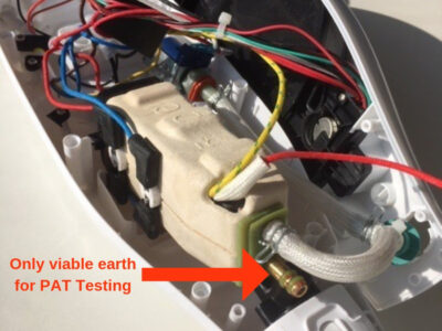 Steam mop interior showing the earth point for PAT testing