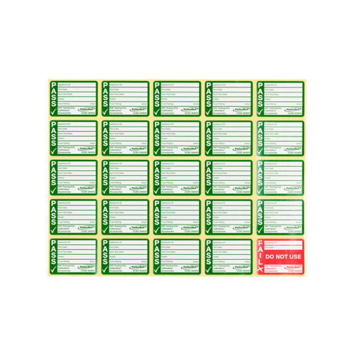 Sheet of green PAT pass labels with one red fail label