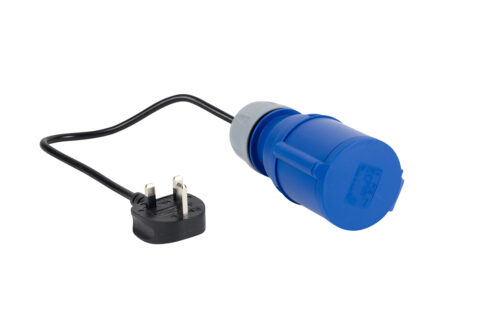 Blue 230V industrial connector with UK plug lead