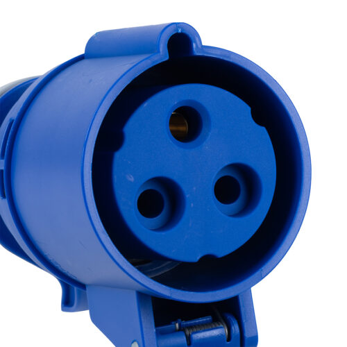 Close-up of a blue 230V industrial connector