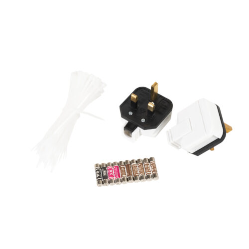 Dismantled UK plug showing wiring and fuse